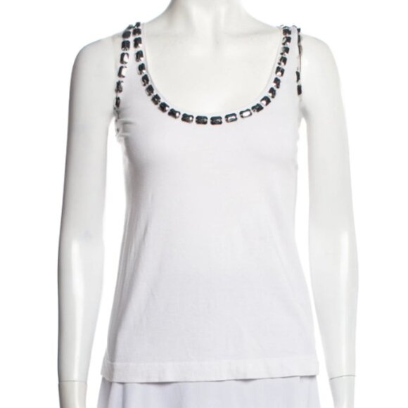Tory Burch White Scoop Neck Tank Top with Embellished Silver Gems - Picture 1 of 10